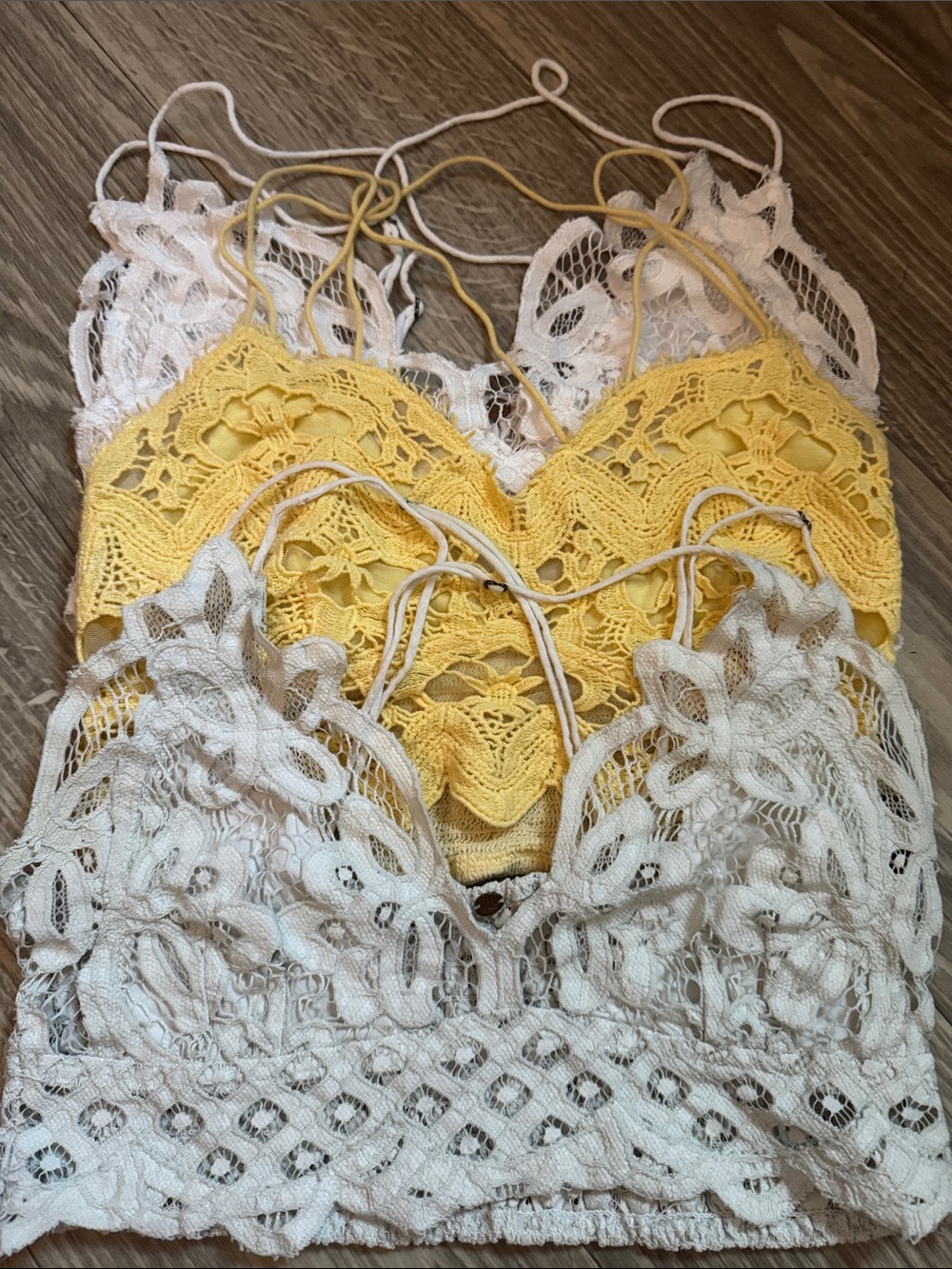 3/$30 Free People Crochet Bralettes in Yellow and White& light gray